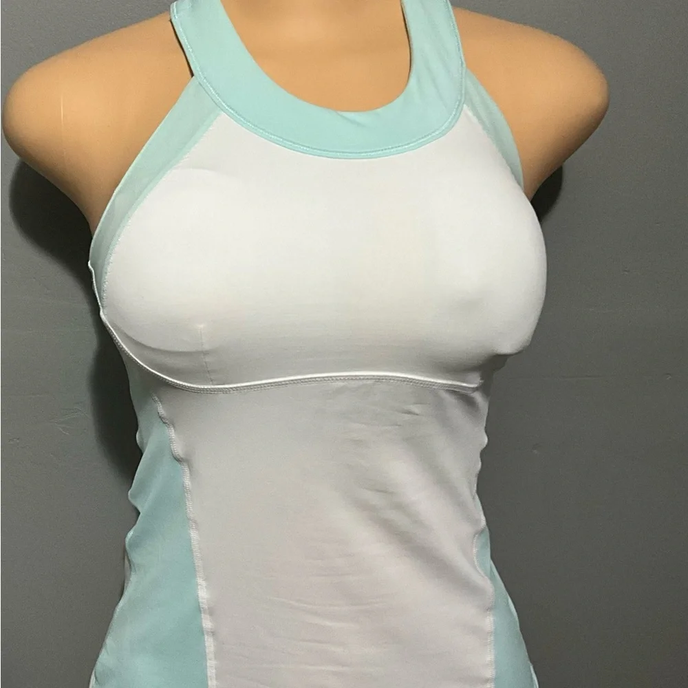 LULULEMON WOMENS SIZE 4 WHITE + AQUA HALTER TANK TOP. - Picture 4 of 14